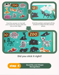 Educational animal sticker book showing shape matching and counting step by step