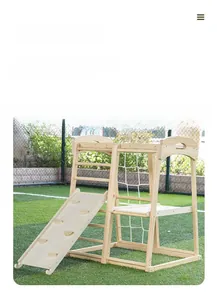 Detail of wooden indoor climbing frame for toddlers with slide and climbing rope net
