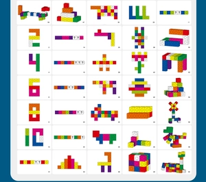 Educational cards for ABS connecting blocks showing math logic and animal building shapes