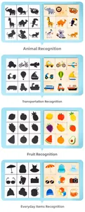 Detail of wooden puzzle sets featuring animals, fruits and transport for early learning