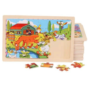 Stack of colorful wooden animal farm puzzles for early childhood educational learning