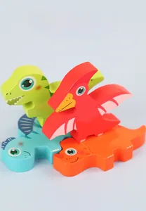 Macro detail of wooden 3D dinosaur puzzle blocks featuring colorful eco-friendly water paint