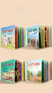 Detail view of four themed reusable sticker busy books for early toddler learning
