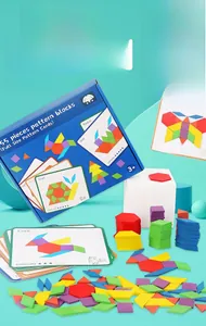 Detailed view of 155 pieces colorful geometric pattern blocks and double-sided design cards