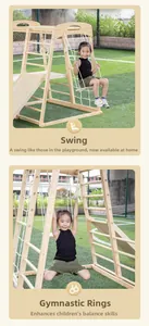 Toddler wooden climbing gym set featuring swing and gymnastic rings for indoor play