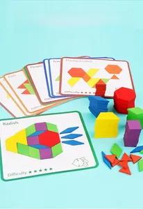Macro view of geometric wooden blocks and creative logic challenge cards for children