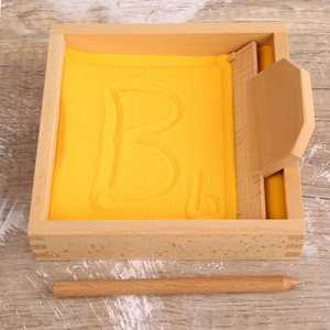 Montessori wooden sand tray for kids letter writing practice with pen and yellow sand