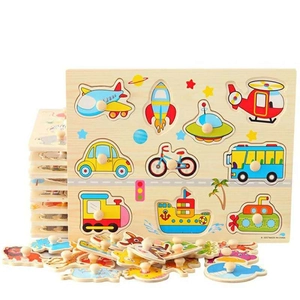 Wooden peg puzzle with 9 transportation shapes and easy-grip knobs for toddler learning