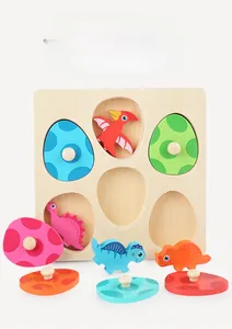 Detail of wooden 3D dinosaur egg puzzle for kids with various colorful dinosaur pieces