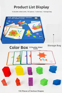 Detail of 155-piece wooden pattern blocks set with colorful geometric shapes and guide cards