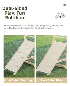 Close-up of reversible wooden slide ramp featuring rock climbing grips and a smooth slide surface
