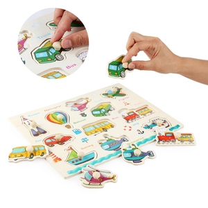 Wooden peg puzzle with colorful transport vehicles for Montessori toddler learning