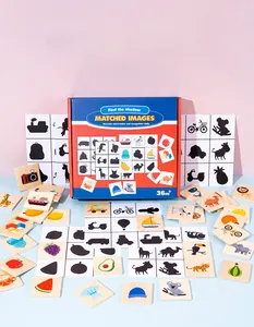 Detail view of wooden shadow matching tiles and colorful cards for early toddler learning
