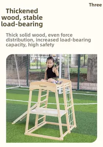 Detail of solid wood climbing frame showing sturdy structure and child safety load capacity