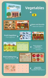 Detailed close-up showing fruit and vegetable matching activities in children busy book