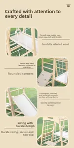 Detail of solid wood climbing frame showing nylon ropes and smooth rounded edges