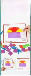 Educational wooden puzzle set featuring colorful geometric shapes and pattern guide cards