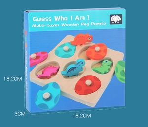 Detail showing dimensions of 3D layered wooden dinosaur egg puzzle in 18.2cm box