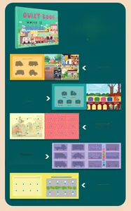 Detail view of interactive vehicle-themed quiet book with puzzles and matching games