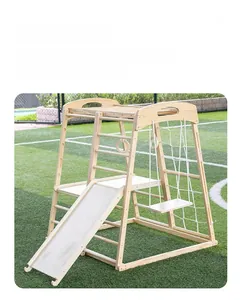 Detail of wooden climbing frame showing stable anti-tip design and sturdy slide attachment