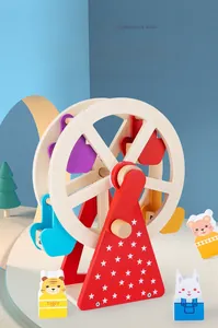 Macro detail of wooden ferris wheel toy with colorful animal baskets and tiger figure
