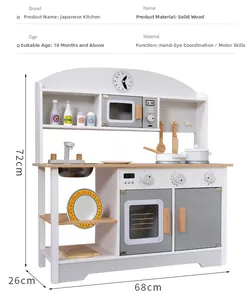 Detailed view of kids wooden play kitchen set with oven and sink including dimensions