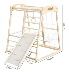 Detailed dimensions of the solid wood indoor jungle gym with slide and climbing rope