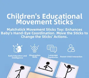 Educational wooden moving stickman toy with exercise posture cards for motor skill training
