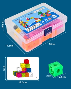 Detail view of colorful plastic building blocks set with storage box and instruction card