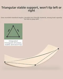 Detail view of the arched wooden balance board featuring a stable triangular structure