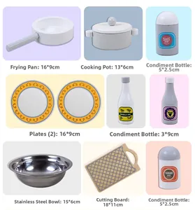 Detailed view of wooden play kitchen toy set with pots, seasoning bottles and cookware