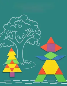 Colorful wooden geometric puzzle blocks set creating Christmas tree and figures shapes
