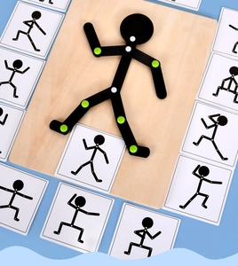 Detail of wooden stick figure puzzle with movable joints and action cards for motor skills