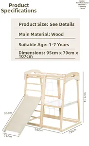 Detailed dimensions of a wooden indoor jungle gym with slide and climbing ladder