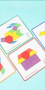 Macro view of geometric wooden blocks with colorful shapes and educational guide cards