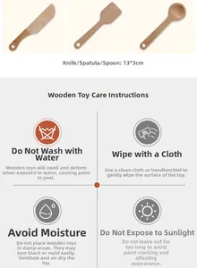 Detailed view of 13x3cm wooden toy kitchen utensils with care instructions
