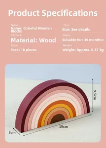 Detailed dimensions and product specs for 10-piece wooden rainbow building blocks toy