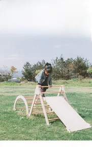 Outdoor view of kids wooden Pikler triangle set with climbing arch and slide board