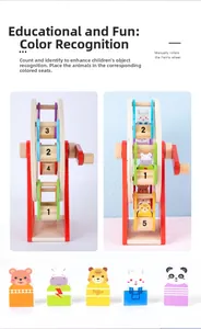Detailed view of animal wooden Ferris wheel with colorful numbered baskets for early learning