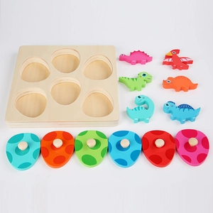 Wooden 3D dinosaur egg shape matching puzzle toy with base and colorful knobs