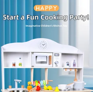 Macro detail of wooden kids play kitchen with pots, pans, and realistic toy food