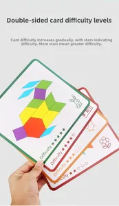 Detailed educational puzzle cards showing graded difficulty levels with geometric shapes