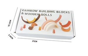 Rainbow building blocks and wooden dolls set in a white packaging box with dimensions