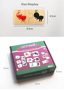 Size display for wooden shadow matching puzzle toy including packaging dimensions