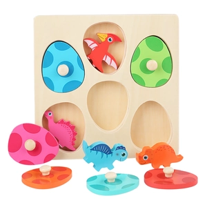 Educational 3D wooden dinosaur egg puzzle with colorful cartoon animal pegs for toddlers