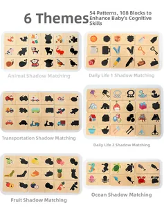 Detail view of wooden shadow matching puzzles with animals and fruits for early learning