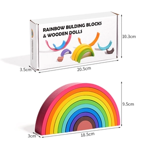 Rainbow wooden nesting blocks set with packaging box and detailed dimensions