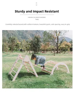 Detail of wooden Pikler triangle set with slide and safe spacing for indoor sensory play