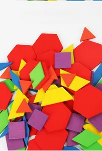 Detailed view of colorful geometric wooden puzzle blocks with matte water-paint finish