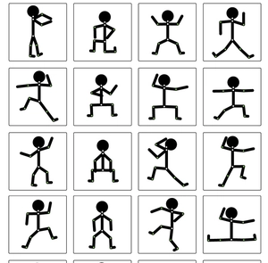 Educational grid of sixteen human figure motion diagrams for children movement learning